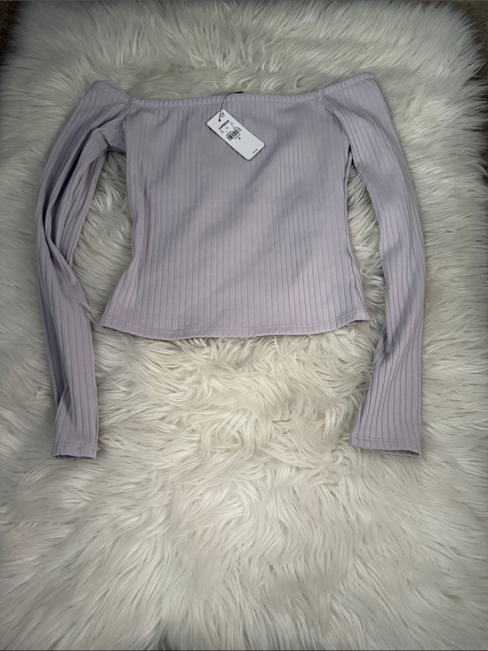 Express Off-the-Shoulder Ribbed Crop Top in Light Lavender